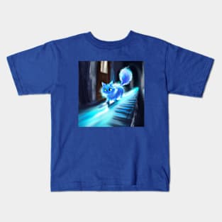 Fluffy Blue Cat Imagines this Long Hallway is a Piano Kids T-Shirt